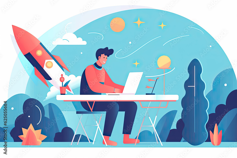 Poster vector of a business man working on computer launches a startup a rocket
