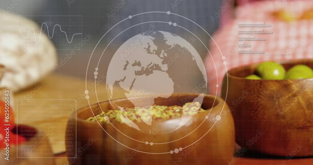 Poster animation of statistics data processing globe over food in baskets in shop