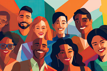 Colourful vector illustration of group of diverse people - obrazy, fototapety, plakaty