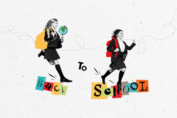 Creative collage of two funky excited black white colors kids carry bag hold planet earth globe running back to school isolated on paper background