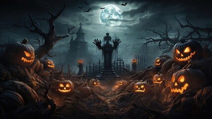 Zombies on graveyard. Cemetery background with scary monsters silhouettes and creepy gravestones.