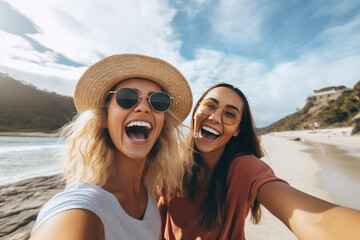 Two cheerful girls taking a selfie on the beach in summer - obrazy, fototapety, plakaty