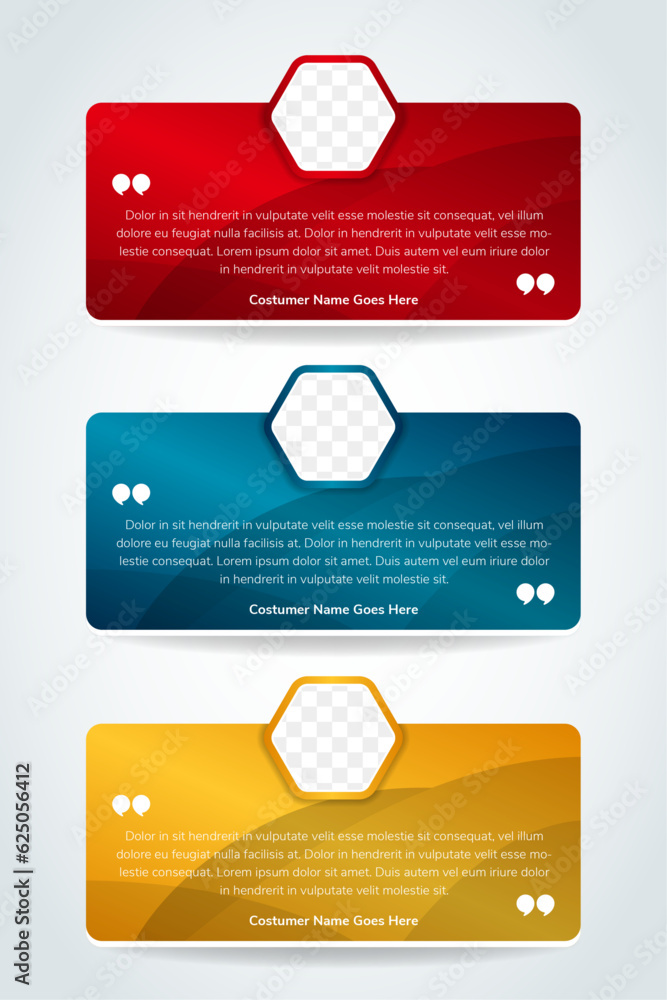 Poster collection of customer feedback testimonial template vector with icon talk and hexagon photo space. 
