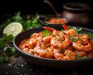 An up-close image of Shrimp with Lobster Sauce with a unique texture of sauce, garnished with herbs and placed against a rustic wooden backdrop