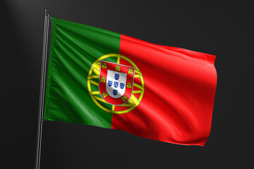 Obraz premium 3d illustration flag of Portugal. Portugal flag waving isolated on black background. flag frame with empty space for your text.