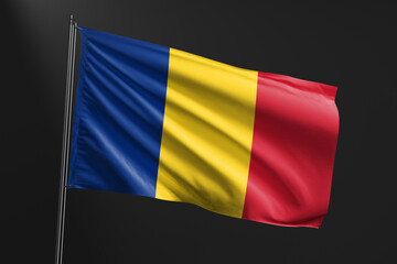 3d illustration flag of Romania. Romania flag waving isolated on black background. flag frame with empty space for your text.