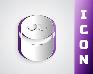 Paper cut Gel or wax for hair styling icon isolated on grey background. Hair cosmetic. Jar with product for styling hair and mustache. Paper art style. Vector