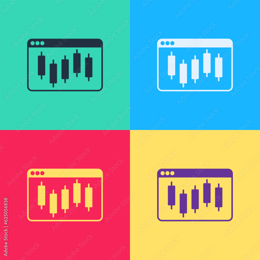 Poster pop art browser with stocks market growth graphs and money icon isolated on color background. monito