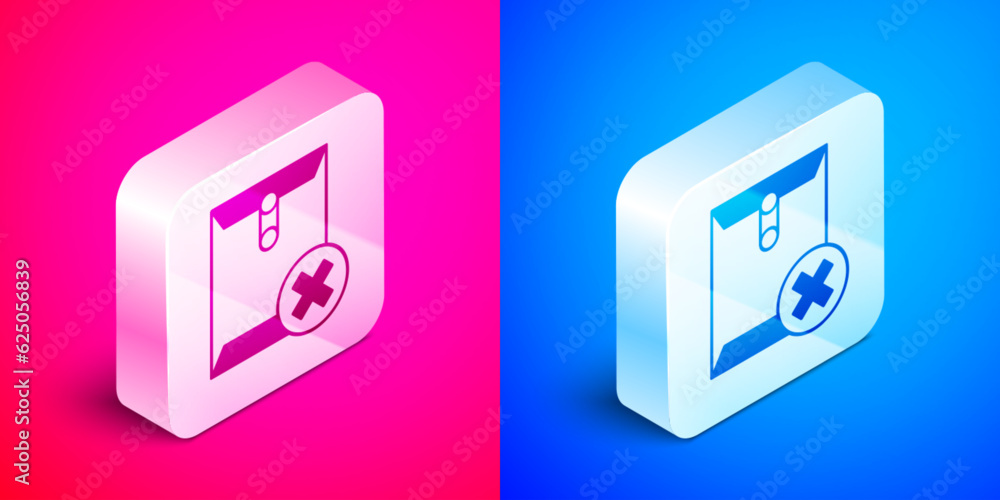 Poster isometric delete envelope icon isolated on pink and blue background. delete or error letter. cross o