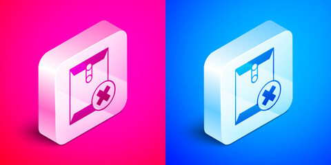 Isometric Delete envelope icon isolated on pink and blue background. Delete or error letter. Cross on message. Rejected mail. Silver square button. Vector