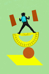 Funky diligent academic strength schoolboy holding dumbbell balance on protractor over sphere ball...