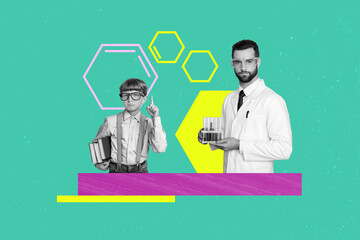 Collage of diligent schoolboy genius invention eureka hold books with scientist hold flask chemistry reagents isolated on green background