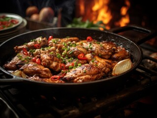 Fototapeta premium Gui Fei Chicken sizzling on a cast iron skillets, captured with the steam rising
