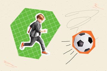 Creative collage picture of sportive mini excited boy training running kick big football isolated...