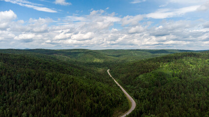 Fototapeta na wymiar Aerial view of road through green forest. Wide angle