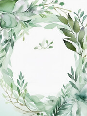 Wedding invitation card design with watercolor greenery leaves, white background, Generative AI