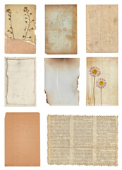 Set of Old various vintage rough paper with scratches, stains and dry plants texture isolated
