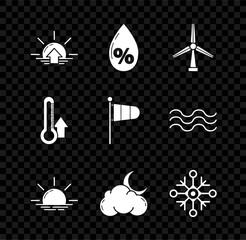 Set Sunrise, Water drop percentage, Wind turbine, Cloud with moon and stars, Snowflake, Thermometer and Cone meteorology windsock wind vane icon. Vector - obrazy, fototapety, plakaty