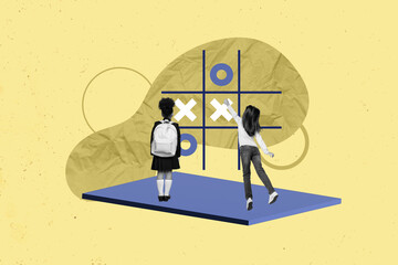 Artwork collage picture of two little black white colors girls playing tic tac toe game isolated on...