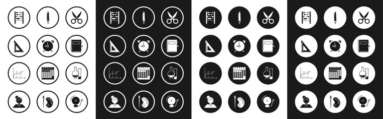 Set Scissors, Alarm clock, Triangular ruler, Abacus, Notebook, Pen, Test tube and flask chemical laboratory test and Pie chart infographic icon. Vector