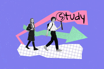 Creative collage of two mini black white colors kids walking study arrow pointer hold magnifier lens isolated on violet background
