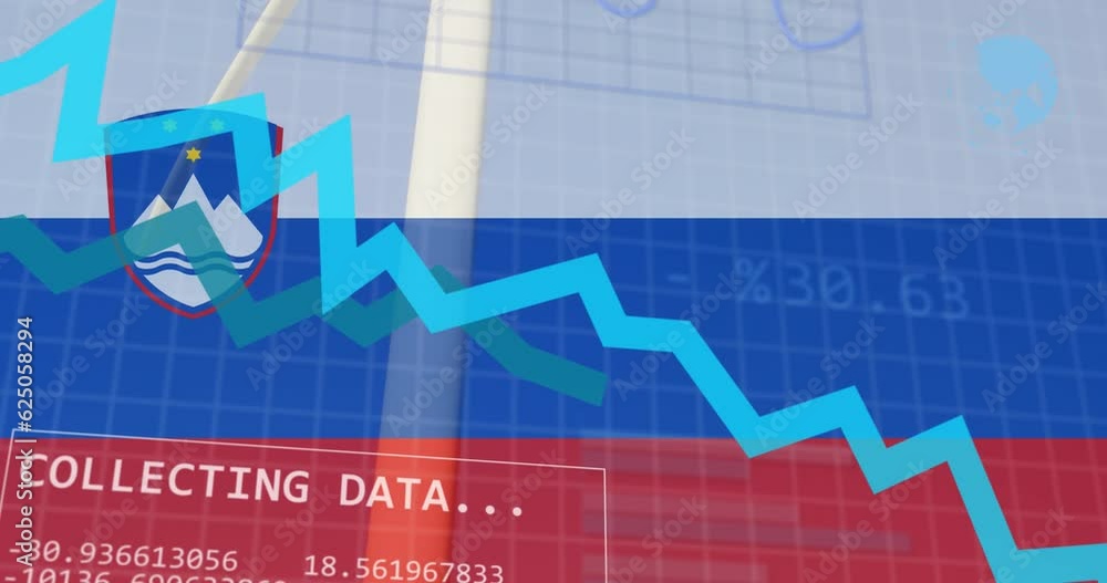 Aufkleber animation of statistics and data processing over flag of slovenia