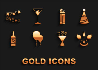 Set Balloons with ribbon, Party hat, Clown head, Bouquet of flowers, Beer bottle, Lighter, Carnival garland flags and Martini glass icon. Vector