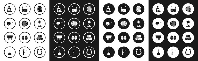 Set Sunflower, Wheelbarrow with dirt, Bag of flour, Shopping basket, Roll hay and Udder icon. Vector
