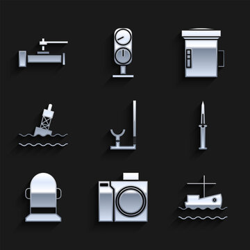 Set Snorkel, Photo camera for diver, Fishing boat on water, Army knife, Buoy, Floating buoy the sea, Big flashlight and Industry metallic pipes and valve icon. Vector
