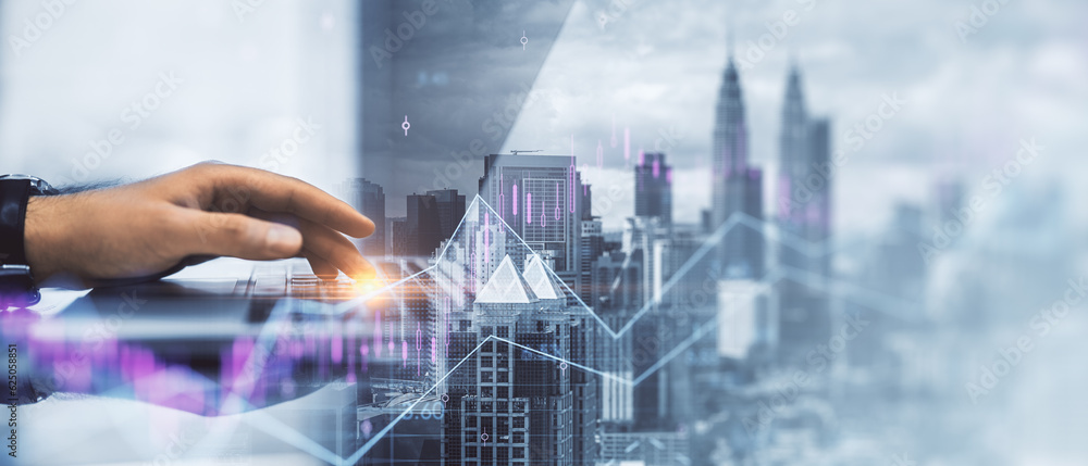 Poster wide image of office workplace with close up of businessman hands using device and forex chart on cr