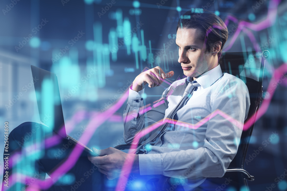 Poster attractive european businessman sitting and looking at laptop computer with glowing forex index char