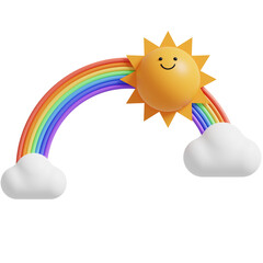 3D Sun Character with cloud and rainbow.Happy Sun. 3d render illustration.
