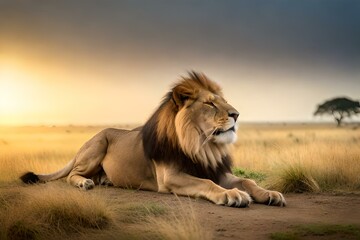 lion in safari with sun rise generated Ai
