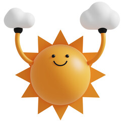 3D Sun and Cloud Character.Happy Sun. 3d render illustration.