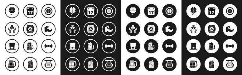 Set Gold coin with four leaf clover, Wooden barrel, Human hands holding, Four, Tradition leprechaun boots, Saint Patrick's day calendar, Bow tie and Leprechaun hat icon. Vector