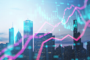 Abstract glowing forex index chart with grid on blurry toned city backdrop. Market, finance and online trading concept. Double exposure.
