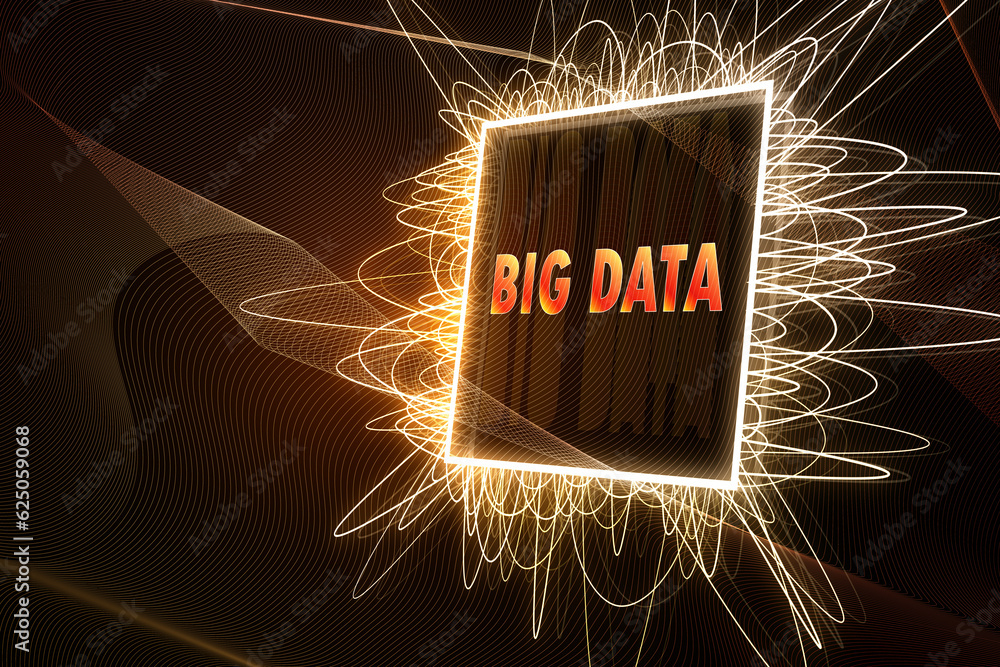 Poster Creative big data chip on blurry waves backdrop. Machine learning and information mining concept. 3D Rendering.