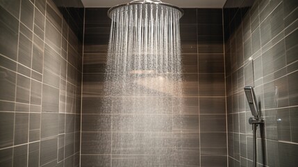 Modern minimalistic fully tiled shower with rain head and hand held shower rose
