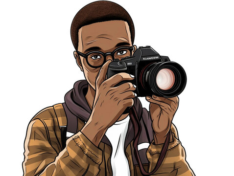 Young african photographer taking photos with a professional camera, isolated on white background
