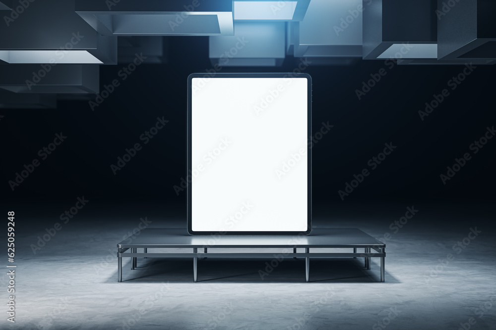 Poster modern grunge interior with empty white mock up pad on pedestal pedestal. 3d rendering.