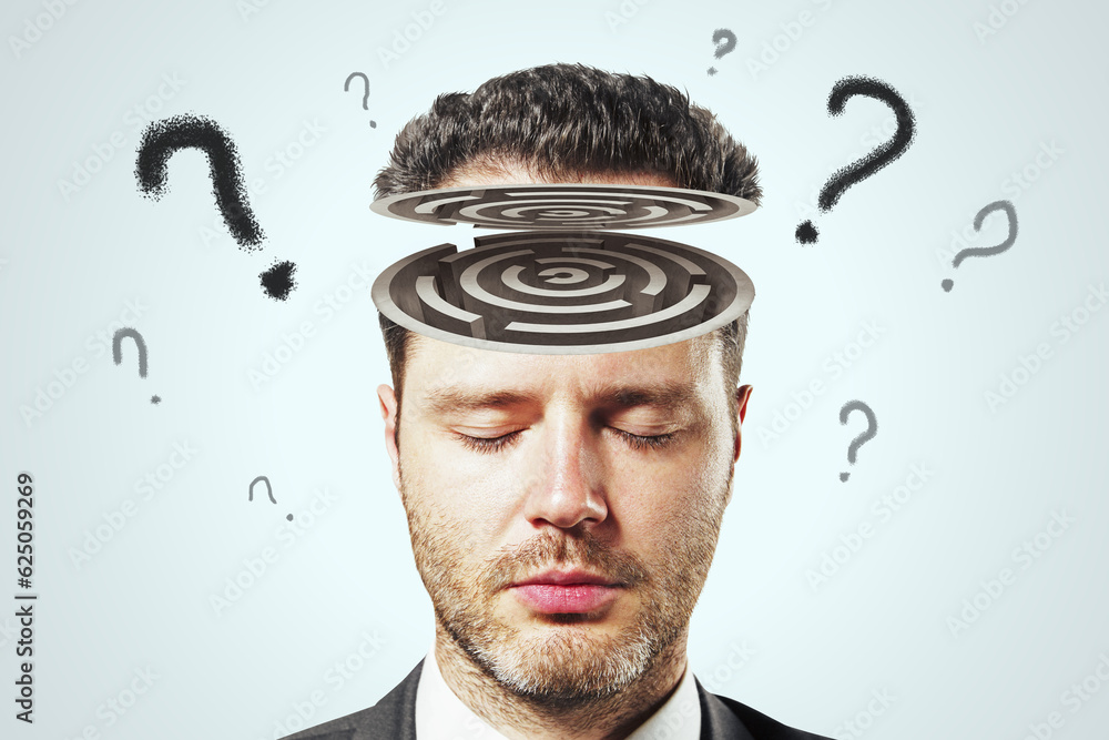Poster search for answers to questions inside the brain, psychology and labyrinths of the mind concept with