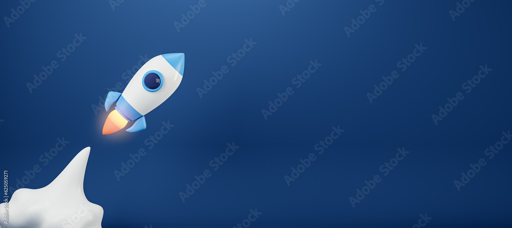 Poster startup and promotion concept with launched rocket and empty space for your logo on dark blue backgr