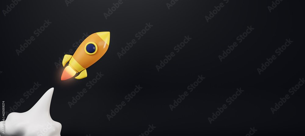 Poster creative cartoon rocket flying on wide black background with mock up place. start up and new beginni