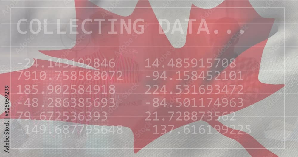 Aufkleber animation of statistics and data processing over flag of canada