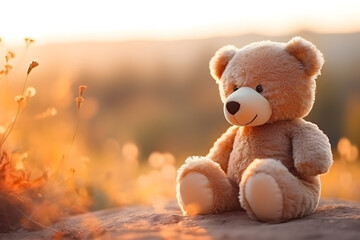 Teddy bear toy sitting with background of mountain view at sunset.