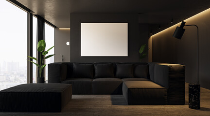 Modern dark living room with empty white mock up banner, window and city view, furniture. Interior design concept. 3D Rendering.