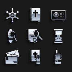 Set Document with search, Oath on the Holy Bible, Walkie talkie, Old hourglass, Envelope, Magnifying footsteps, Safe and Hexagram sheriff icon. Vector
