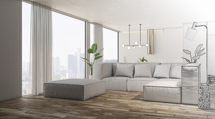 Sketch of modern light living room with wooden flooring, window and city view, furniture. Interior design concept. 3D Rendering.