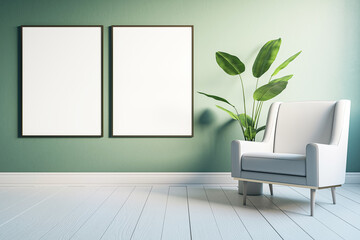 Front view on two blank white posters with place for your logo or text on green wall background in sunlit room with light armchair and green plant on wooden floor. 3D rendering, mock up