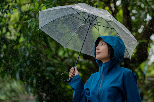 Young asian woman feeling fresh under umbrella in rainy season and green nature background.